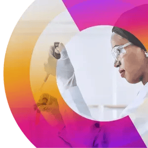  Radiofilum Pharmaceutical flywheel transparently overlaid an image of a Woman injecting a test tube with syringe